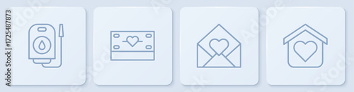Set line Blood donation, Envelope with Valentine heart, Donation and charity and Shelter for homeless. White square button. Vector
