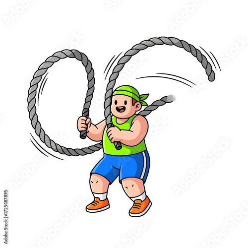 happy man energetically swinging heavy ropes, fitness workout exercise, isolated on transparent background