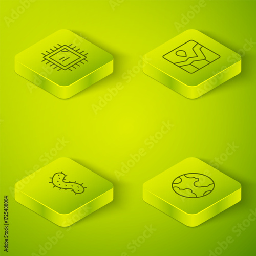 Set Isometric line Graph chart infographic, Virus, Earth globe and Processor CPU icon. Vector