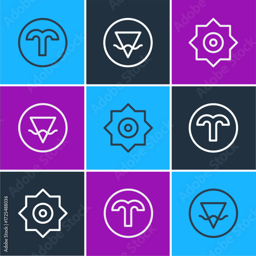 Set line Aries zodiac, Falling star and Earth element icon. Vector