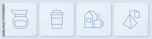 Set line Teapot, Cup of tea with milk, and bag. White square button. Vector