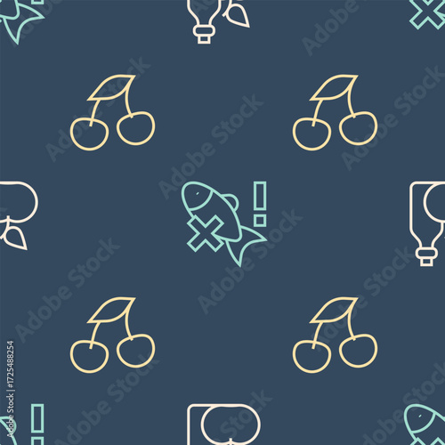 Set line Apple cider vinegar in bottle, Fresh berries and No fish on seamless pattern. Vector