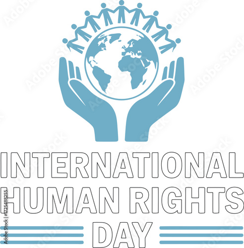 Hands hold the Earth with people linked around it, symbolizing global unity and human rights