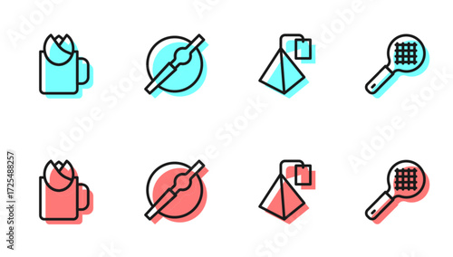 Set line Tea bag, Cup of tea with rose, Cigarette and strainer handle icon. Vector