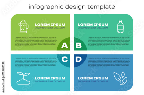 Set line Tea leaf, French press, and Bottle of water. Business infographic template. Vector