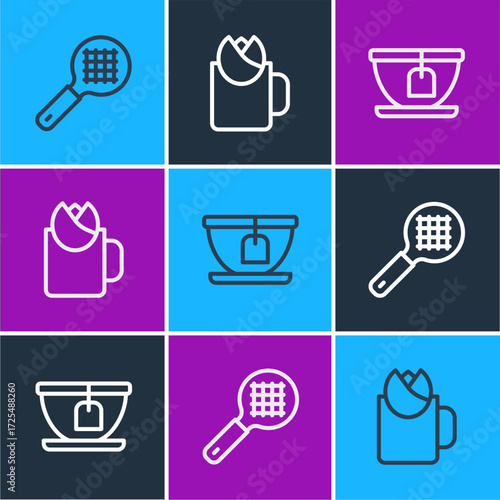 Set line Tea strainer with handle, Cup tea bag and of rose icon. Vector