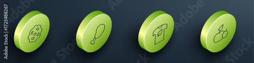 Set Isometric line Cookie or biscuit, Chicken leg, Vegan shirt and Apple icon. Vector
