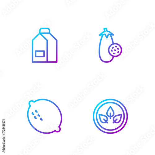 Set line Vegan food diet, Lemon, Paper package for milk and Eggplant. Gradient color icons. Vector