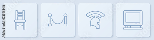 Set line Chair, Roman army helmet, Rope barrier and Retro tv. White square button. Vector