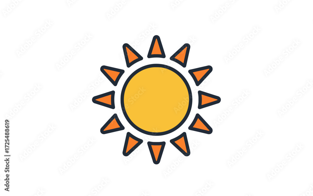 Fototapeta premium A simple, stylized illustration of a bright yellow sun with orange triangular rays against a white background.