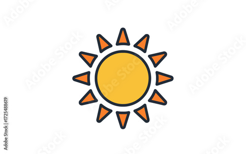 A simple, stylized illustration of a bright yellow sun with orange triangular rays against a white background.