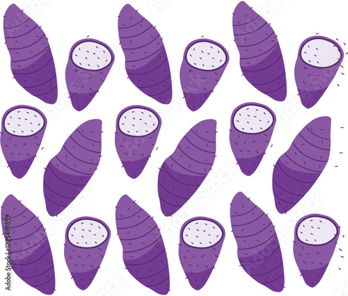 Set of hand drawn taro fruits with leaves. Summer design for pattern, poster, card, fabric, banner, wallpaper.