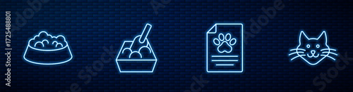 Set line Medical clinical record pet, Pet food bowl for cat dog, Cat litter tray with shovel and . Glowing neon icon on brick wall. Vector