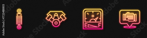 Set line Motor gas gauge, Shock absorber, Power car engine and Check. Glowing neon icon. Vector