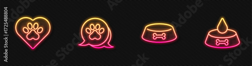 Set line Pet food bowl for cat or dog, Heart with animals footprint, Paw and . Glowing neon icon. Vector