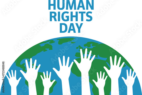 Diverse hands reaching up towards the globe, celebrating human rights and unity.