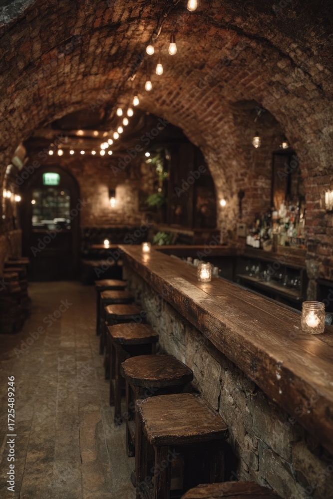 Fototapeta premium Cozy rustic bar with brick arches and dim lighting.