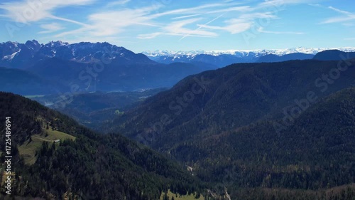 Cinematic 4K Aerial Drone video of flying over Brünnstein mountain in German Alps on a beautiful sunny summer day perfect for hiking with surrounding mountain peaks covered in ice and snow