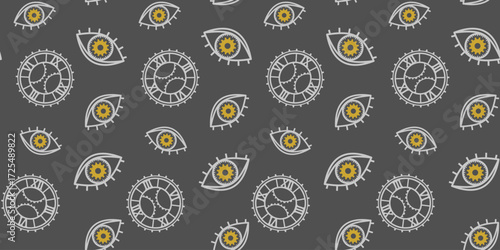 Eyes and dials with gears and cogwheels on a dark gray background. Stylish endless texture with unusual ornament. Mechanism. Steampunk. Vector seamless pattern for wrapping paper, giftwrap or printing
