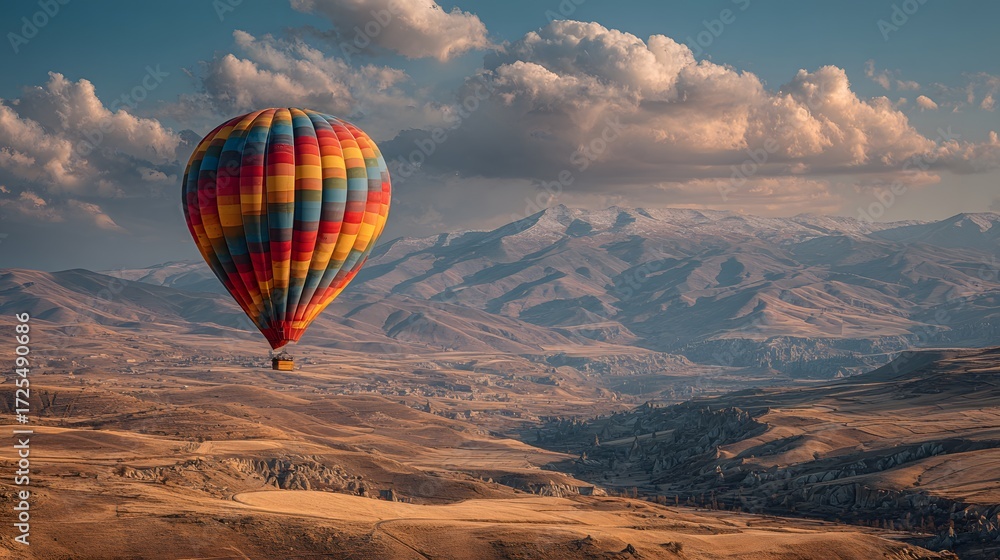Obraz premium Single, colorful hot air balloon gracefully floats over a surreal, rolling landscape of Cappadocia during a beautiful sunrise. The sky is filled with soft clouds and light.