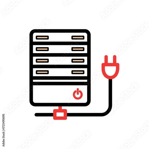 Modern server rack silhouette with power plug, showcasing data storage and network infrastructure for business solutions and technology advancement projects