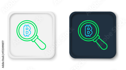 Line Magnifying glass with Bitcoin icon isolated on white background. Physical bit coin. Blockchain based secure crypto currency. Colorful outline concept. Vector