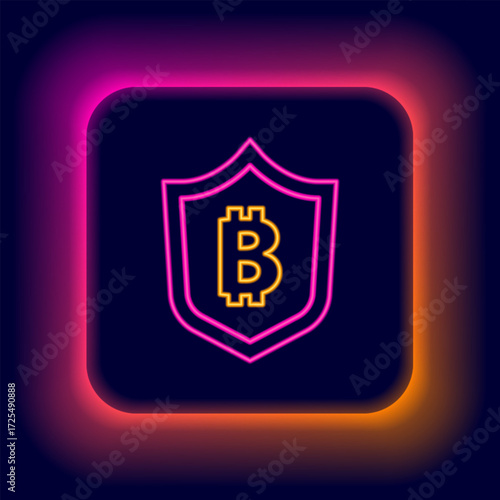 Glowing neon line Shield with bitcoin icon isolated on black background. Cryptocurrency mining, blockchain technology, security, protect, digital money. Colorful outline concept. Vector