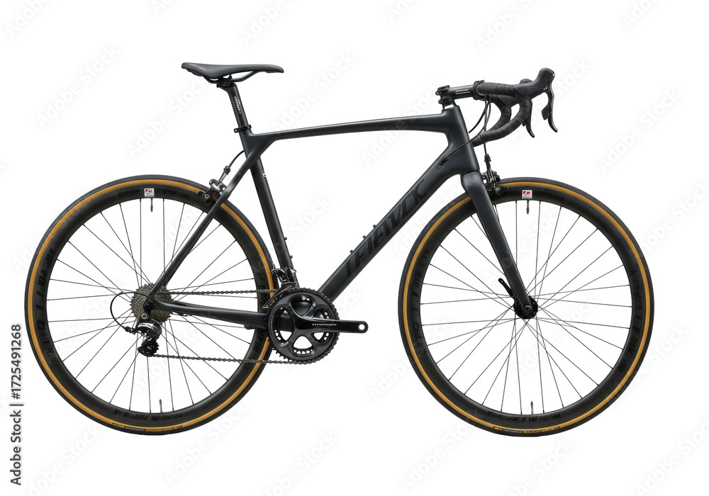 Obraz premium Matte black carbon fiber road bicycle, integrated features, disc brakes, aero wheels, isolated on transparent studio, advanced cycling technology concept.