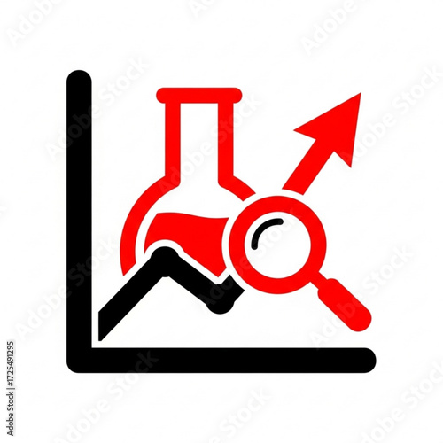 Dynamic scientific research growth silhouette with magnifying glass on upward trending graph, symbolizing discovery and progress