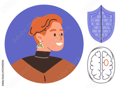Person wearing unique earring, shield with binary code, and brain diagram. Ideal for technology, artificial intelligence, cybersecurity, privacy, innovation neuroscience creativity. Simple flat