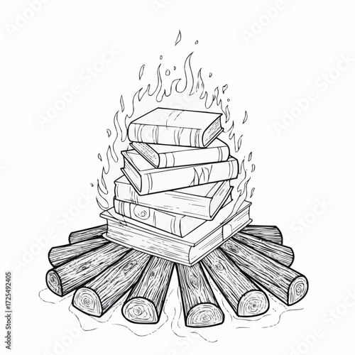 Hand-drawn books stacked on firewood with flames in a circle  