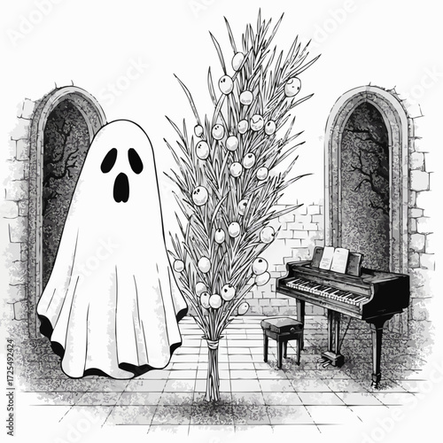 Ghost character appearing next to tree and piano in dark room  