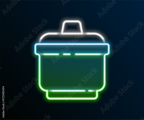 Glowing neon line Cooking pot icon isolated on black background. Boil or stew food symbol. Colorful outline concept. Vector