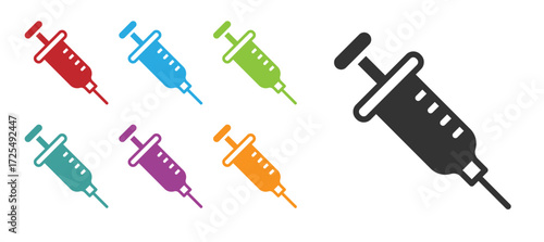 Black Syringe icon isolated on white background. Syringe for vaccine, vaccination, injection, flu shot. Medical equipment. Set icons colorful. Vector