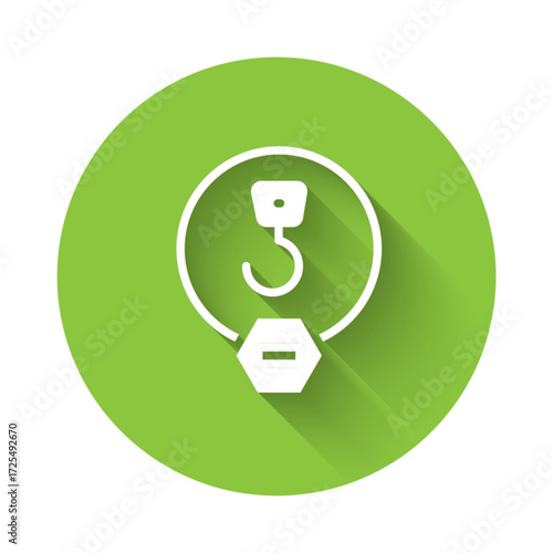 White Industrial hook icon isolated with long shadow background. Crane hook icon. Green circle button. Vector