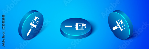 Isometric Cleaning service with of rubber cleaner for windows icon isolated on blue background. Squeegee, scraper, wiper. Blue circle button. Vector