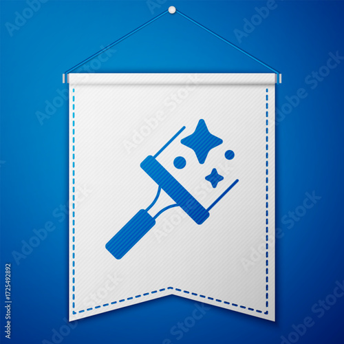 Blue Cleaning service with of rubber cleaner for windows icon isolated on blue background. Squeegee, scraper, wiper. White pennant template. Vector