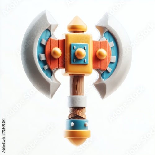Vibrant stylized fantasy battle axe toy with colorful accents and wooden handle perfect for game assets or playful designs