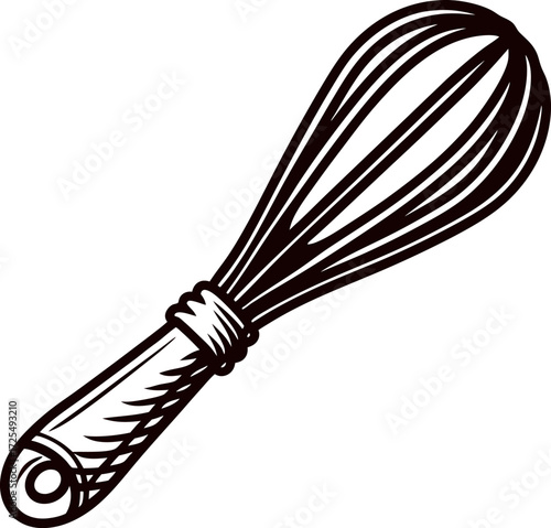 Hand drawn illustration of a classic wire kitchen whisk with wooden handle isolated on white background
