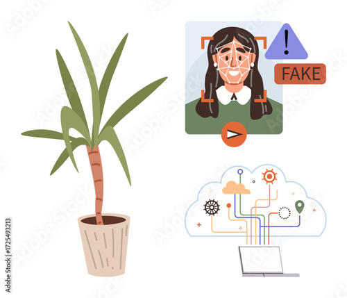 Potted plant, AI detecting deepfake video of a woman, and cloud computing with digital connections. Ideal for technology, AI ethics, cybersecurity, digital innovation, modern life, environment