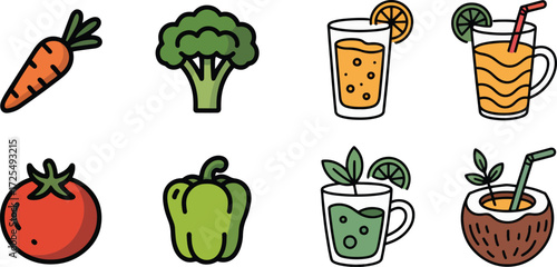 Organic Food and Drink Icons Set Collection – Vegetables and Fresh Juice – Vector Illustration