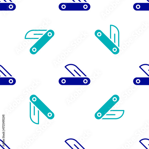 Blue Swiss army knife icon isolated seamless pattern on white background. Multi-tool, multipurpose penknife. Multifunctional tool. Vector