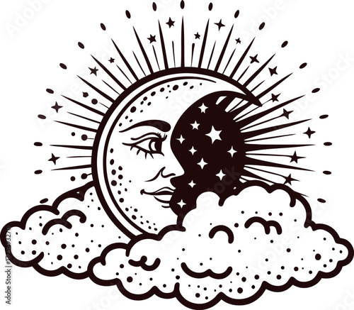 Vintage celestial sun and moon illustration with clouds and stars in engraved hand drawn