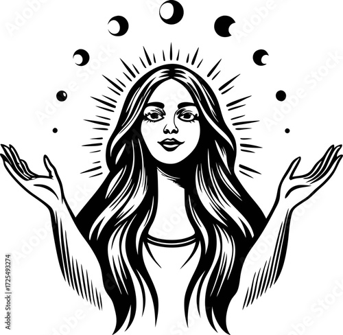 Mystical woman with flowing hair and lunar phases illustration in black and white line art