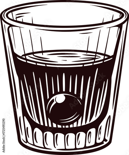 Hand drawn whisky glass with ice cube vintage engraved sketch illustration of tumbler with dark drink