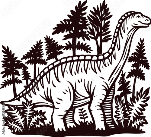 Monochrome illustration of a brachiosaurus dinosaur among prehistoric ferns and conifer trees in ancient forest landscape