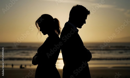 Silhouette of married middle-aged man and woman standing turning their back to each other- downcast sad posture dramatic contrast. Couple with conflict, breakup or emotional distance in relationship