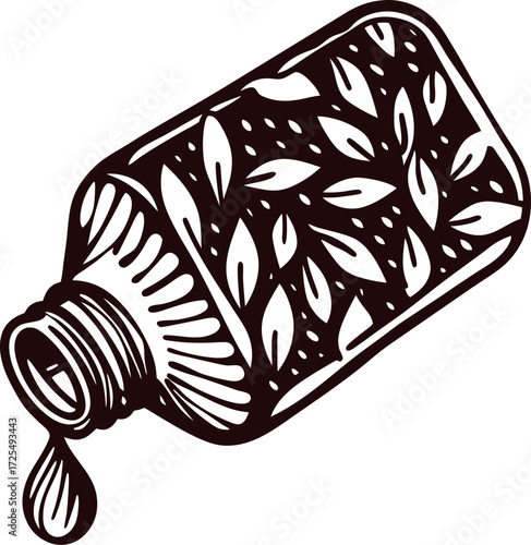 Hand drawn herbal essence bottle with leaf pattern and droplet isolated on white background