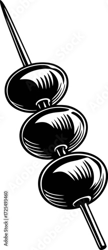 Vintage engraved skewer of three olives on stick isolated on white hand drawn black and white illustration