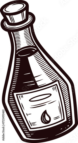 Hand drawn glass bottle with label and cork stopper vintage sketch illustration of liquid container